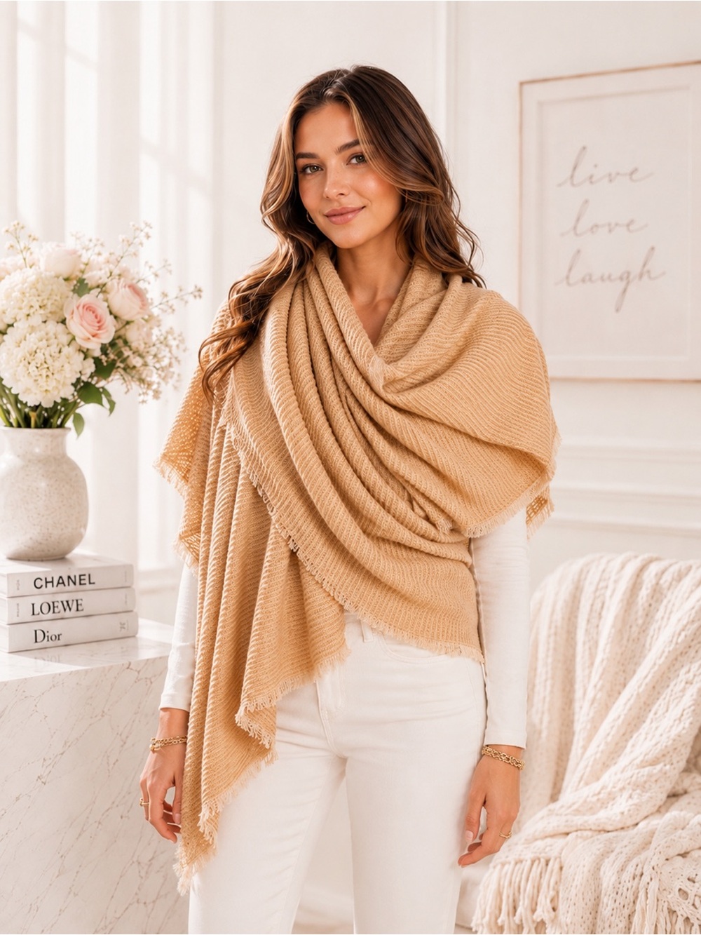 LC Lauren Conrad Camel Tan Fringe Blanket Scarf Wrap Shawl Boho Cozy NWT OS